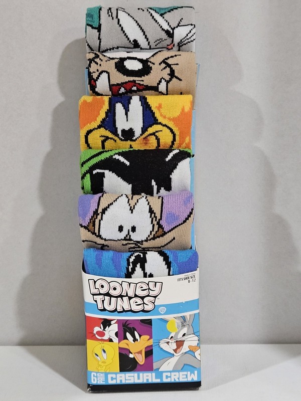 Looney Tunes~ 6-Pack ~CasualCrew Socks~ Fits Shoe Size 8-12~ Warner Brothers~NEW