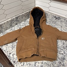 Carhartt Jacket Boys 3T Brown Canvas Hooded Quilted Lined Warm Winter Workwear