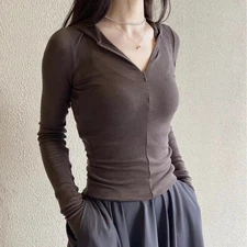 Slim-fit V-neck, Wool Hoodie, Brown, See-through Top