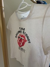 The Rolling Stones Band Tee Women's White Cropped T-Shirt Size Small Distressed