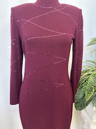 St. John Evening Crystal Burgundy Wine Santana Wool Sheath Dress 4, $1,245 - Picture 3 of 12