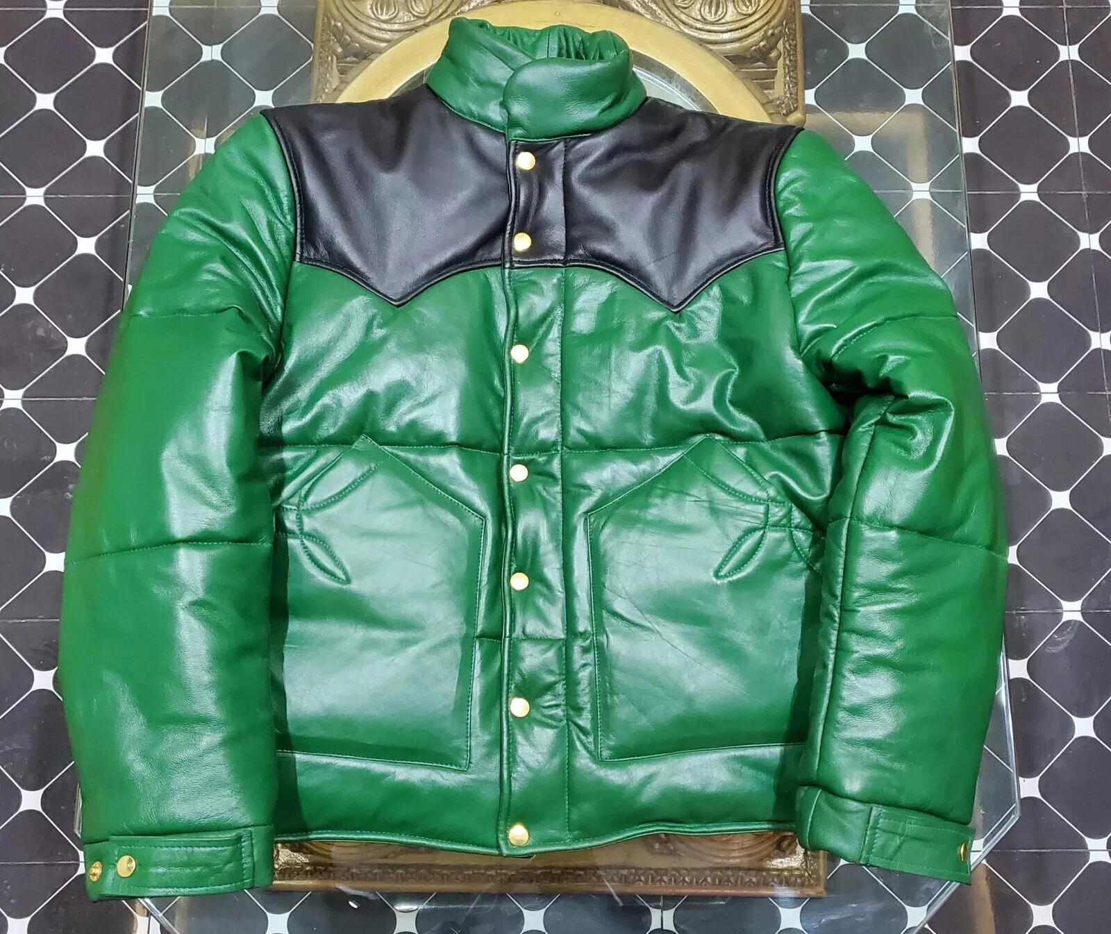 Men's Puffer Jacket Real Lambskin Leather Padded Jacket Green & Black Color