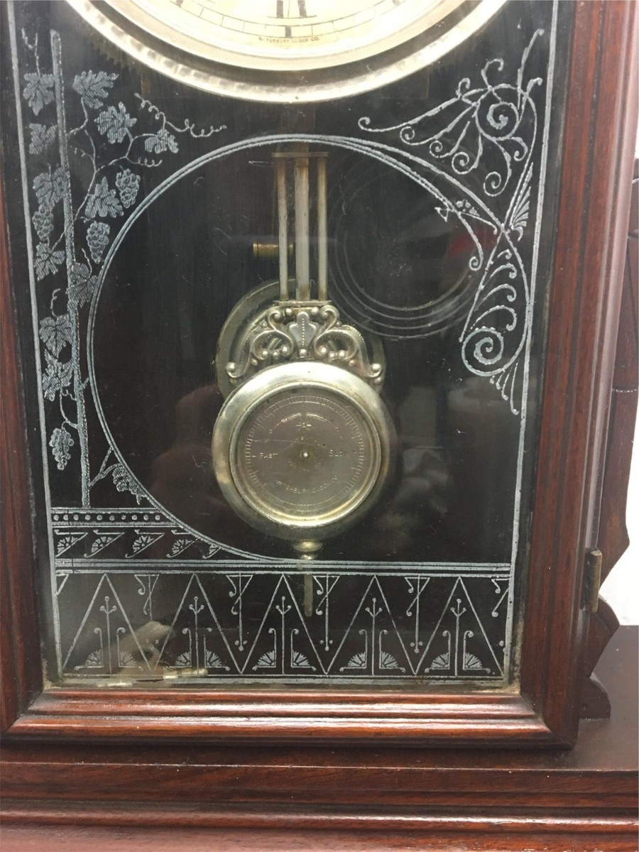 Antique Waterbury Wooden pendulum shelf clock Vintage Stained