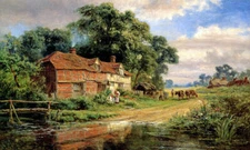 AN OLD SURREY FARM CHILDREN CATTLE ART PAINTING BY ROBERT GALLON REPRO