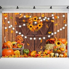 10x8ft Pumpkin Wreath Rustic Wood Barn Door Fall Vinyl Backdrop Photo Background