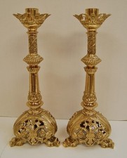 PAIR OF ORNATE POLISHED BRASS ALTAR CANDLESTICKS 17" - 133 - CHURCH