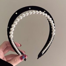 Black Headbands for Women Girls Double Layer Pearl Velvet Non