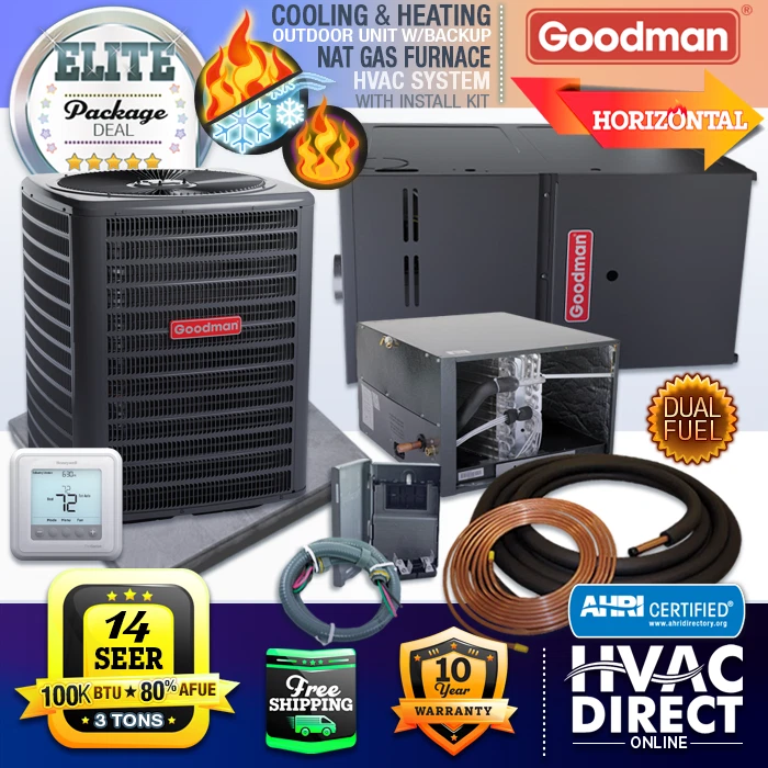 3 Ton Goodman 14 SEER 80% 100K BTU Gas Furnace u0026amp; AC + Heat Horizontal  System Kit | eBay