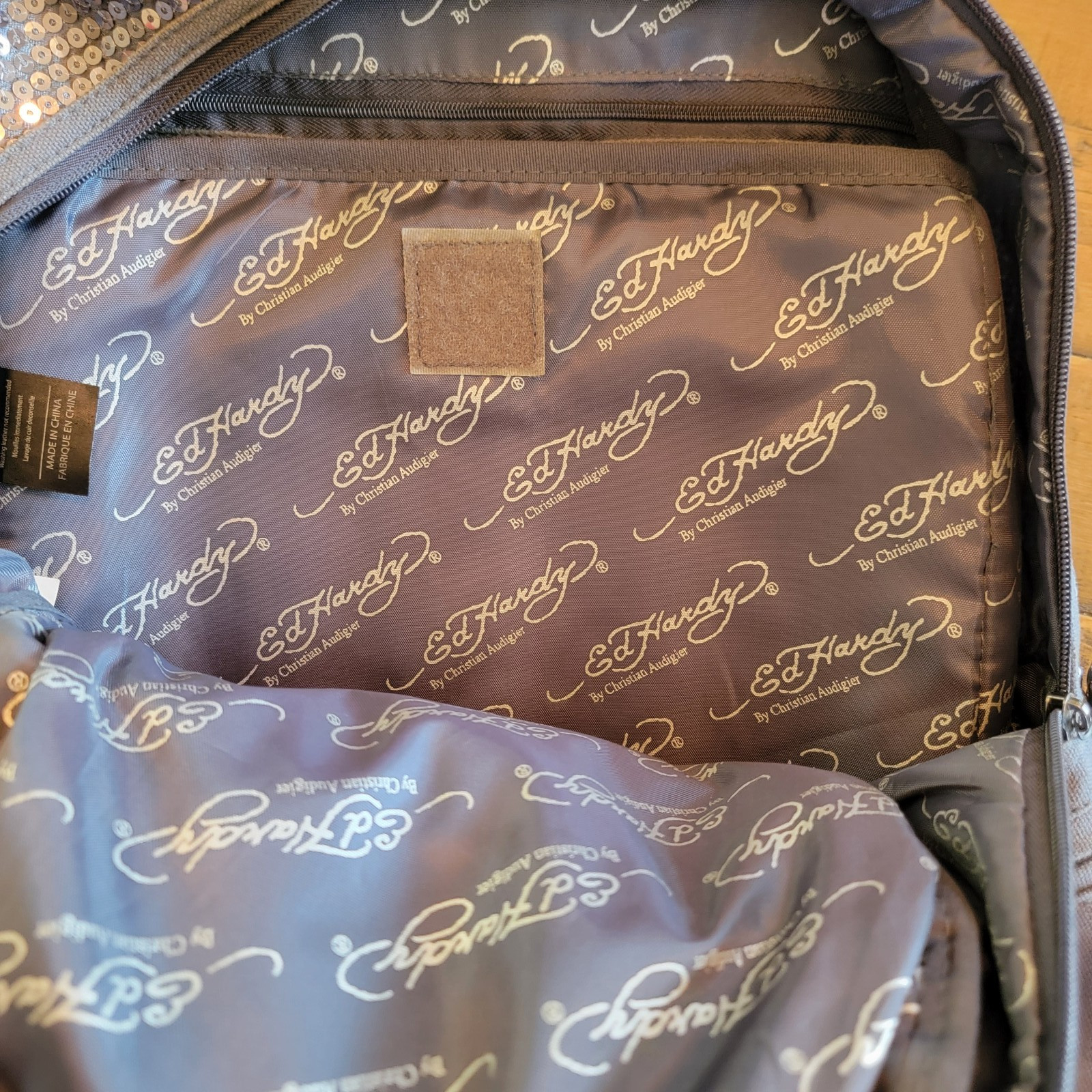Ed Hardy Sequin Backpack Gray Grey EUC - image 9
