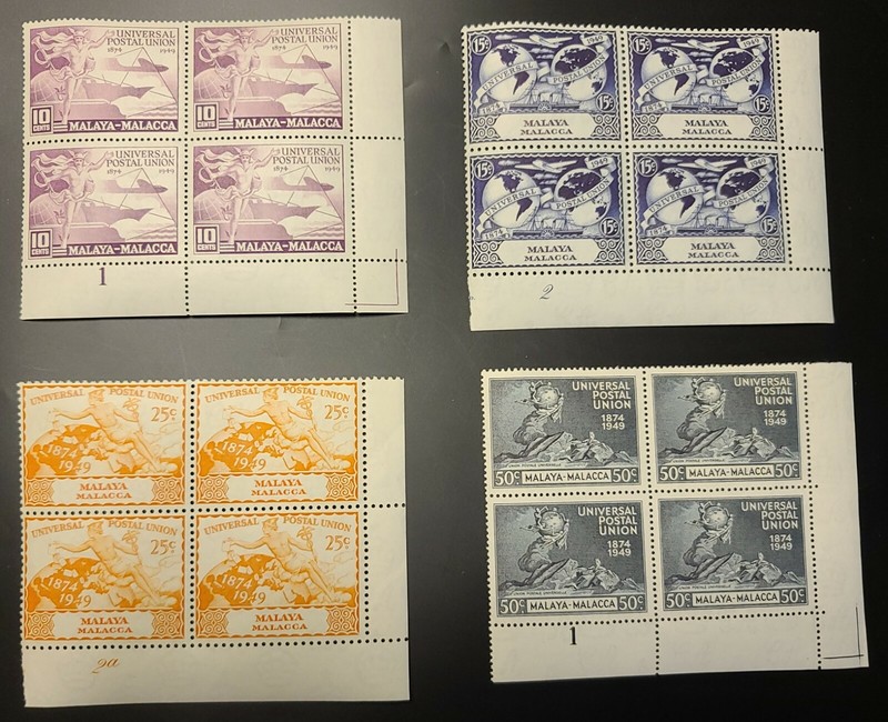 MALAYA-MALACCA 1949 KGVI UPU SET 75th Sc 18-21. SG 18-21 PLATES #1 & 2 MINT NH