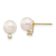 6-7mm 14k Gold 6-7mm White Round Saltwater Akoya Cultured Pearl Diamond Earrings