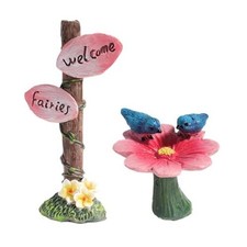 2Pcs Welcome Sign Fairy Garden Decor and Cute Flower Shaped Sculpture Statue