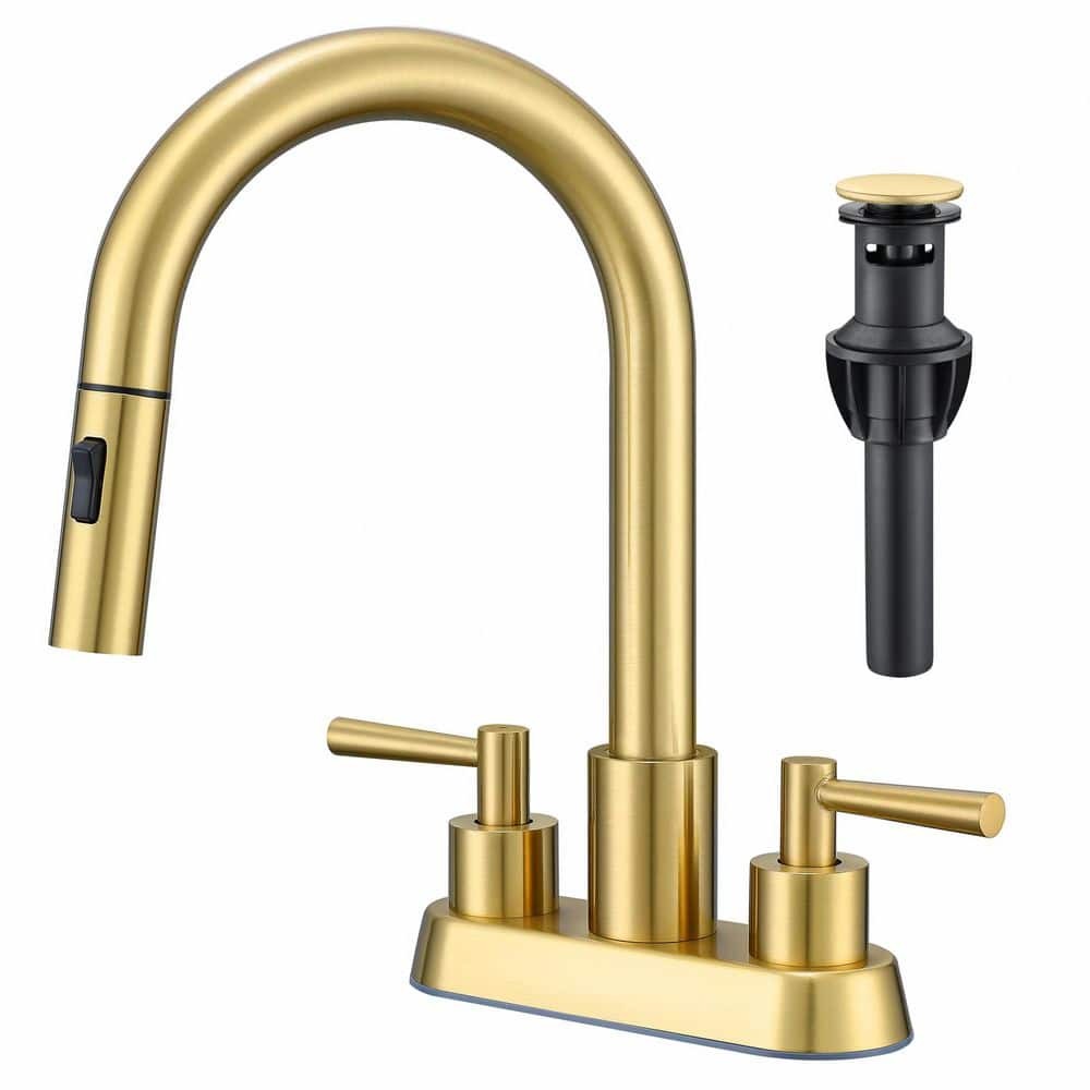 GAGALIFE Brushed Gold 4" Centerset Double Handle Bathroom Faucet Pull-Out