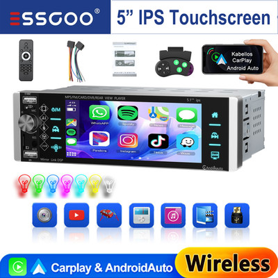 5'' Autoradio 1Din Apple Carplay/Android Auto Touchscreen USB Bluetooth AUX BT FM