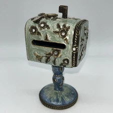 Mailbox Postage Stamp Dispenser Trinket Box Enamel On Metal Jeweled Dragonfly