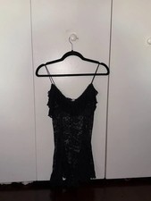 Black sheer lace ruffle mini dress