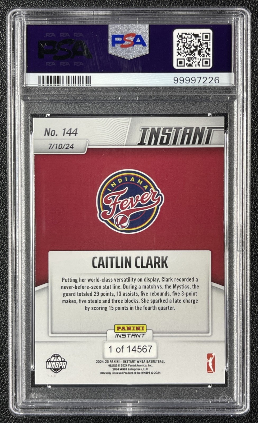 CAITLIN CLARK PSA 10 2024-25 PANINI INSTANT WNBA #144 ROOKIE RC FEVER 7226 view 2
