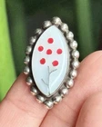 Vintage Zuni Silver Mother of Pearl Coral Inlay Flower Ring Signed Size6