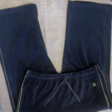 Vintage 80s Black Velour Cropped Track Pants & Gold Piping SA Logo, 36-48" Waist
