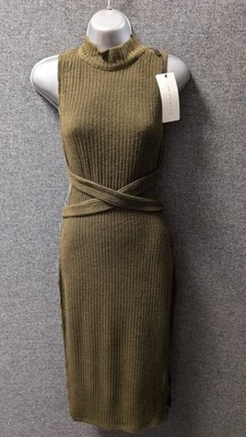 Lavish Alice ärmelloses geripptes Midikleid hinten offen khaki UK 8 Ln061 FF 03