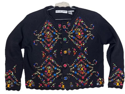 VTG Michael Simon Heavily Beaded Crystal Button Up Cardigan Sweater Size 2 Or S