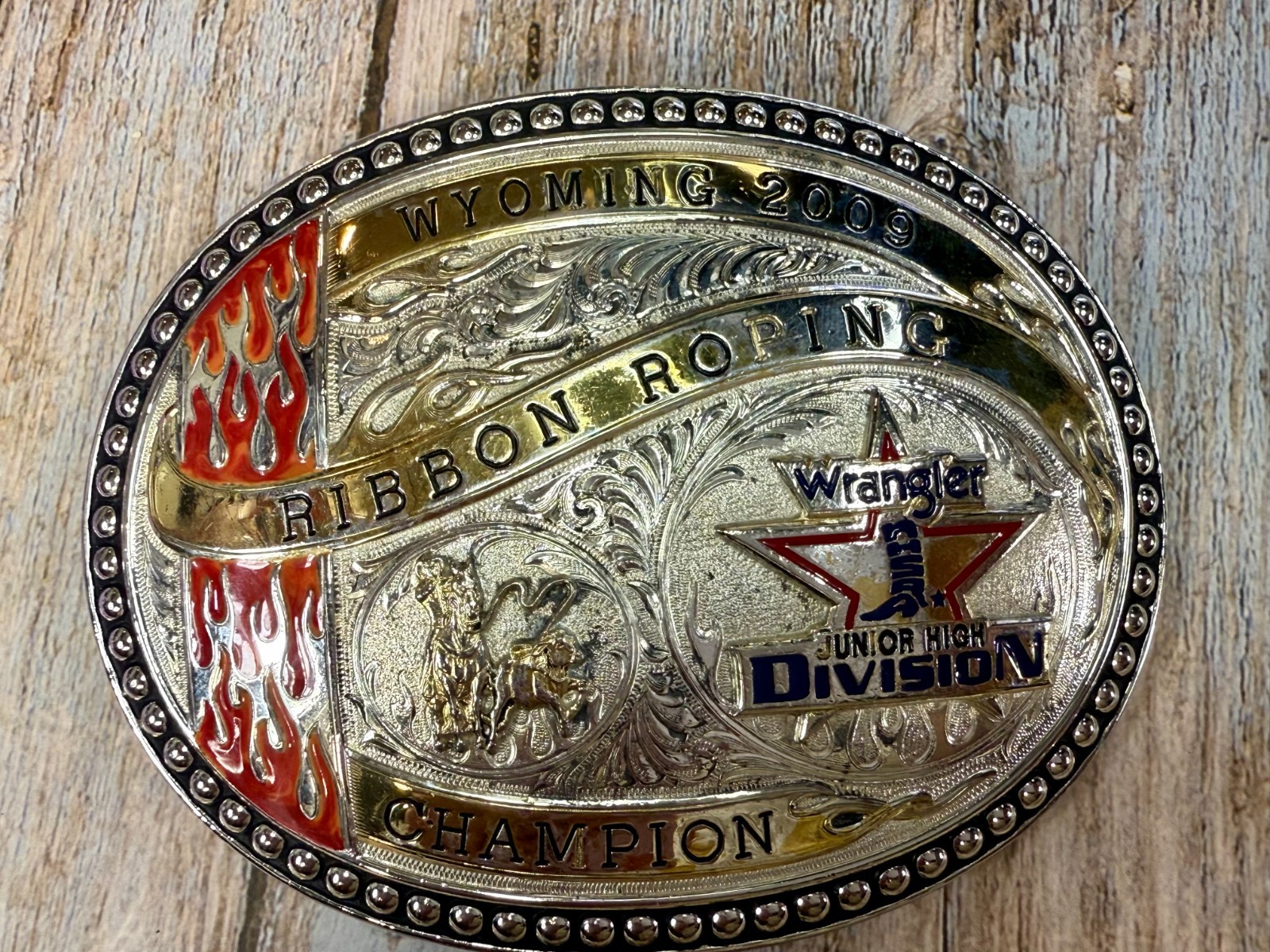 Wyoming JR High 09 Ribbon Roping Champion Wrangler Trophy Award Gist Belt Buckle