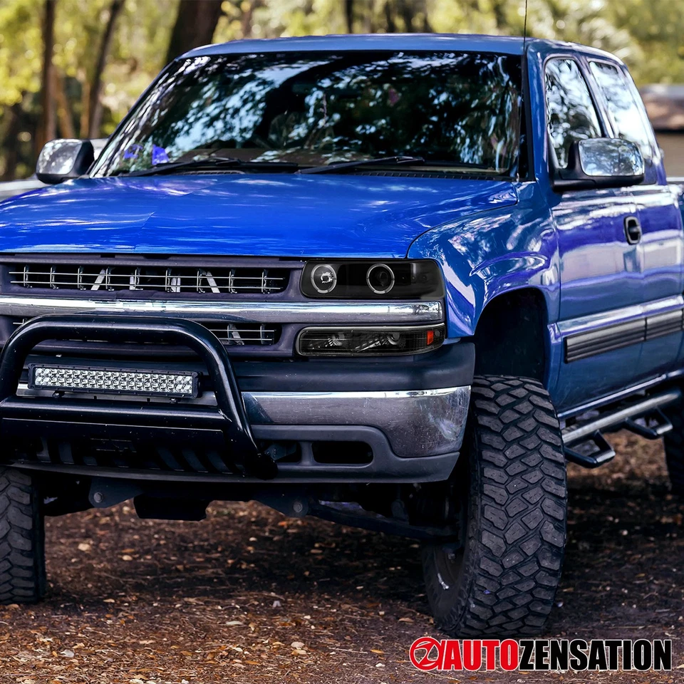 Fit 99-02 Silverado 00-06 Tahoe LED Halo Black Projector Headlights+Bumper Lamps Foto 2 de 4