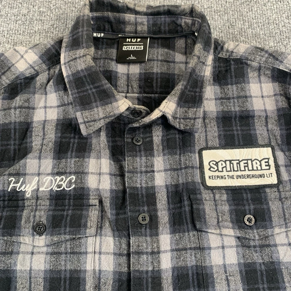Camisa de franela grande para hombre HUF DBC x Spitfire Wheels. Motociclista, mecánico, patín Foto 2 de 4