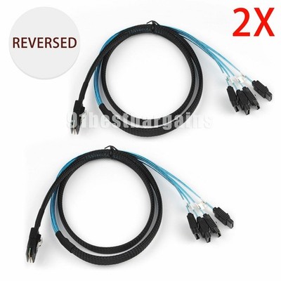 2PCS Internal Mini-SAS SFF8087 To 4x Straight Reverse SATA Fanout Cable Blue 1M