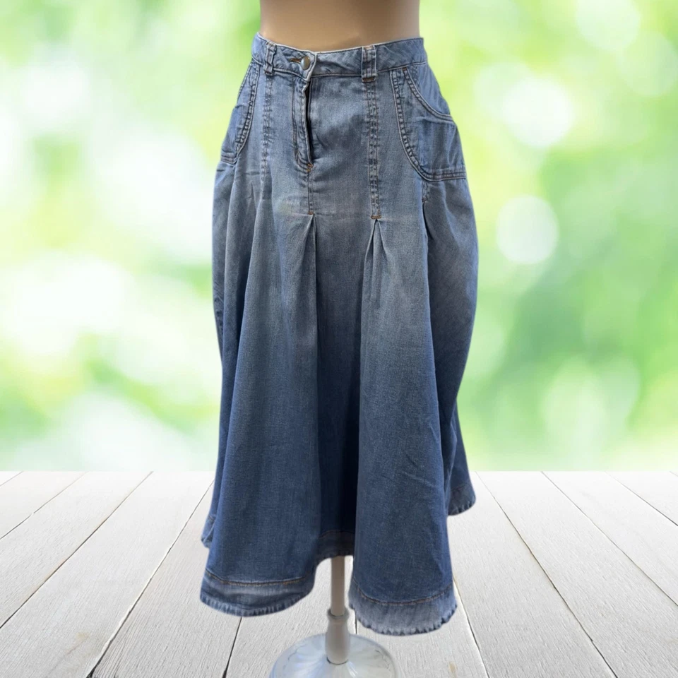 Falda vaquera SOFT AROUND para mujer mediana azul elástica línea A midi plisada Foto 3 de 4