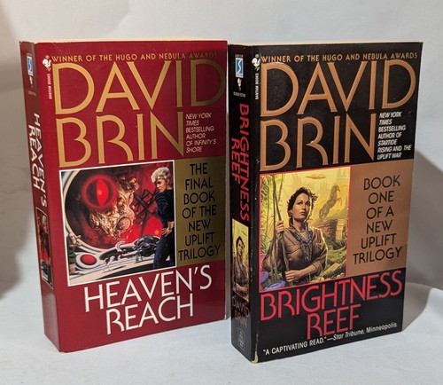 David Brin Uplift Novels x2, Brightness Reef & Heaven's Reach, PB VGC