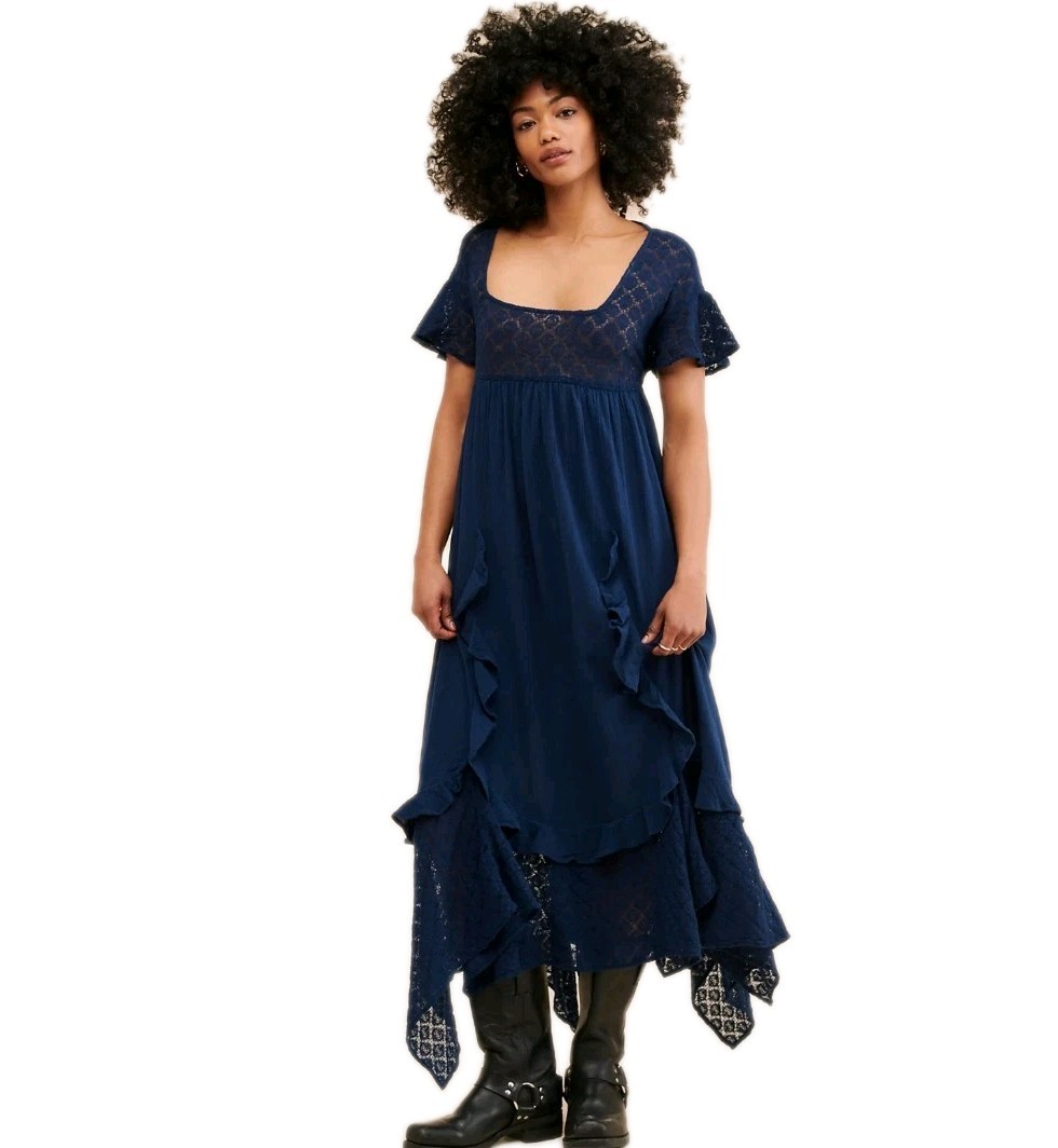 Free People Free-est Bring the Romance Navy Blue Flowy Boho MidiDress Sz:  Small | eBay