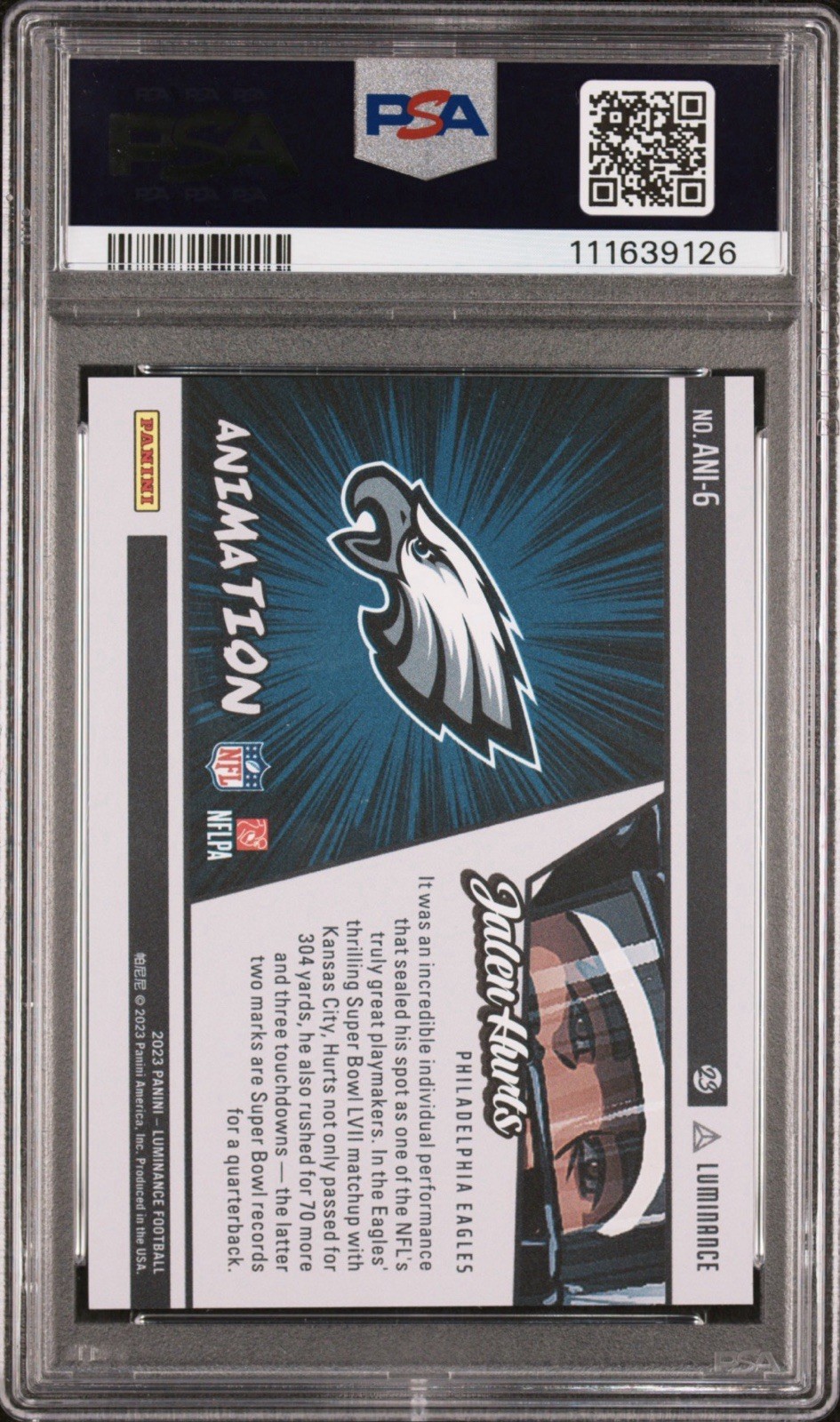 Jalen Hurts PSA 10 2023 Panini Luminance Animation view 2