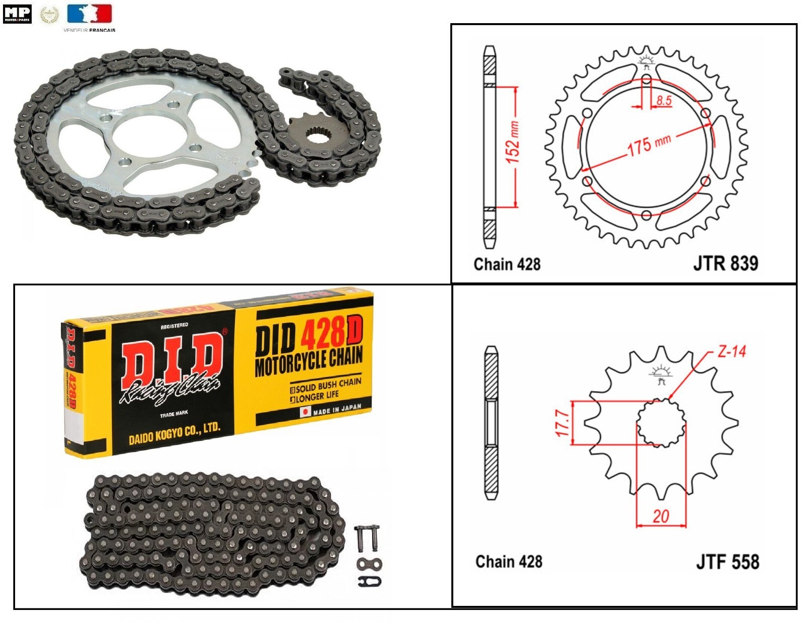 Kit chaîne DID 428D Yamaha DTR 125 R transmission idéale pour balades et trajets quotidiens
