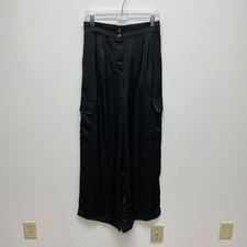House of Harlow 1960 Womens Black High Rise Wide Leg Satin Pleated Cargo Pants S