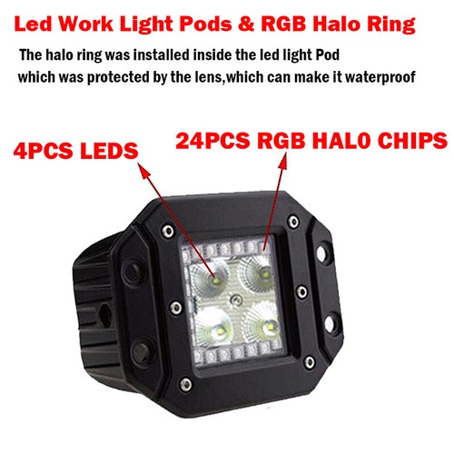 2x 24W Flush Mount Led Work Light Flood Pods with Chasing RGB Halo Ring Kit 12V - Picture 4 of 10