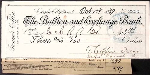 1889 Bullion & Exchange Bank Inzo Canal Co RR Freight Bill Payable in Gold Coin