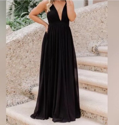 pink lily maxi dress Pink Lily All Begins With Love Black Maxi Dress With Deep Plunge Neckline,  XS
