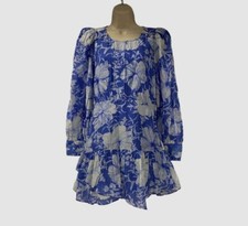 $365 LoveShackFancy Women Blue Silk Floral Long Puff Sleeve Mini Dress Size US 6