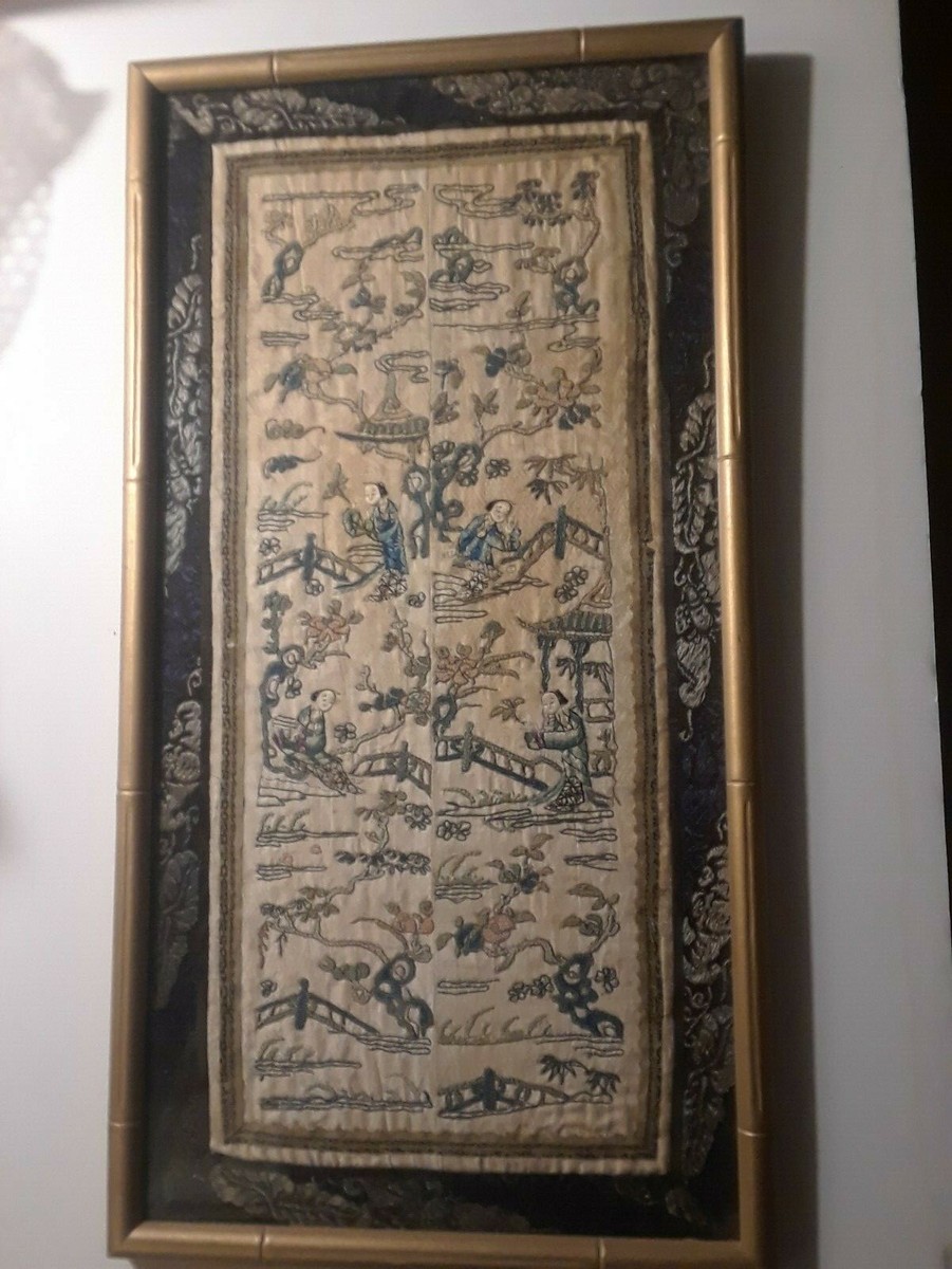 Old Chinese Silk Embroidery Forbidden Stitch Embroidered Panel