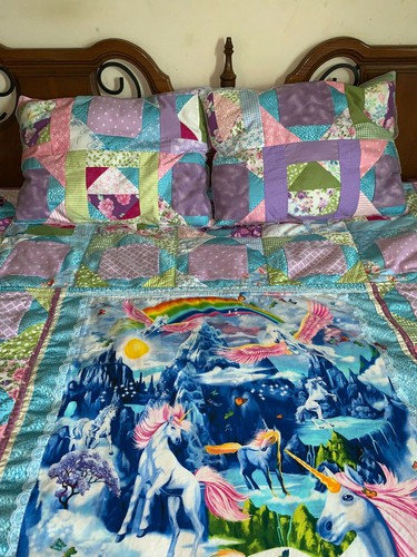 Handcrafted Reversible Unicorn Quilt and Two Matching Decorative Pillows - Picture 3 of 7
