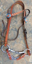 WESTERN LEATHER HORSE BRIDLE/SNAFFLE BIT/HEAD STALL  BLUE GLASS ROSETTES  NEW