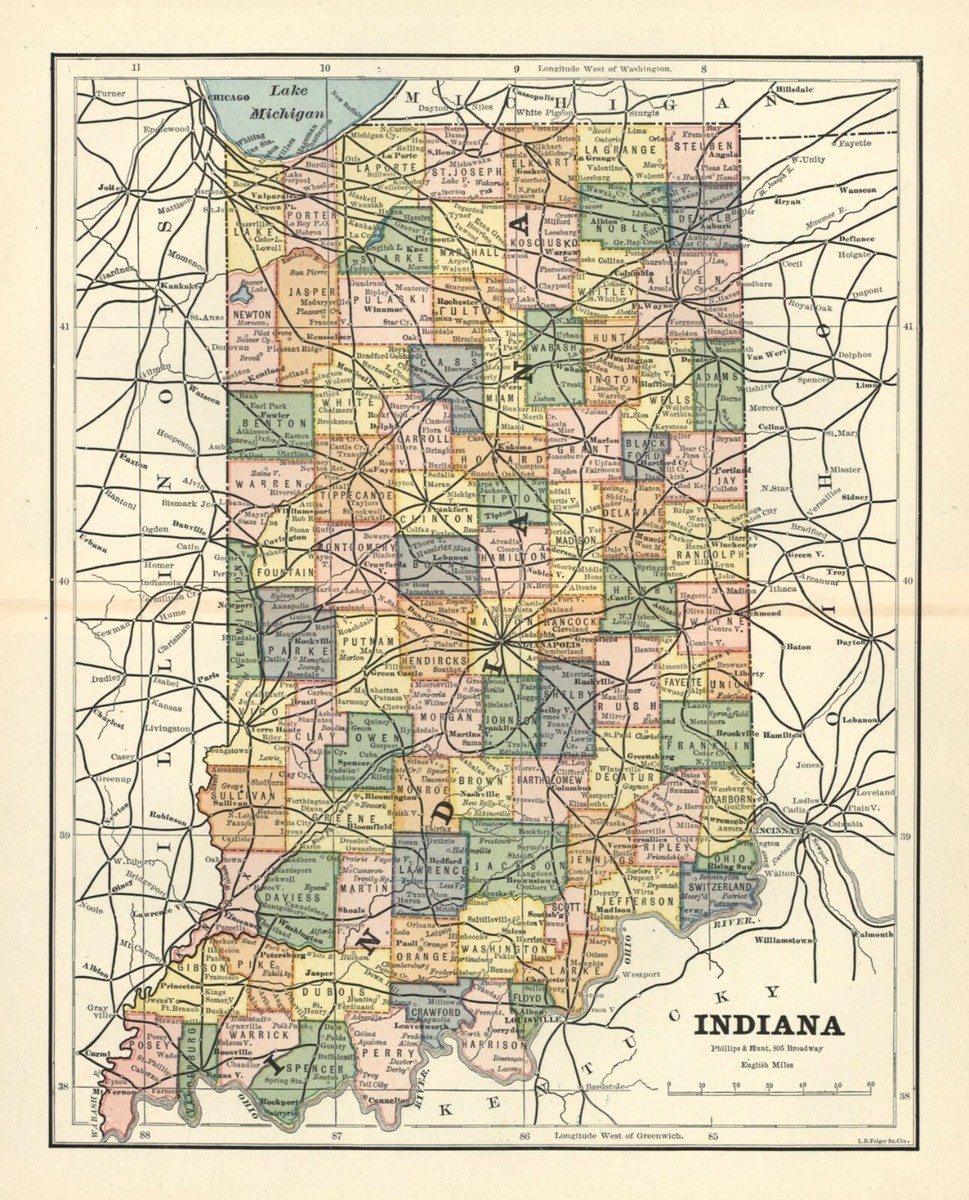 VINTAGE State Map - INDIANA - Ca. 1900 - 9 1/4 x 11 1/4 