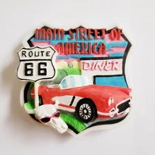 Route 66 Sign Fridge Magnet 3D Main Street of America Diner Red Cadillac Skull