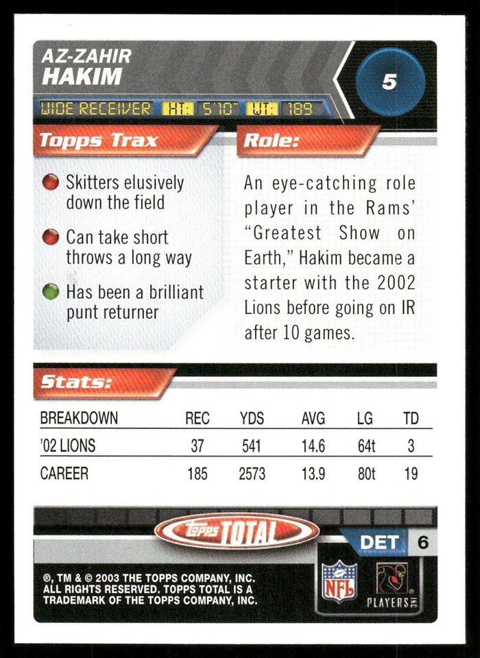 2003 Topps Total Az-Zahir Hakim Detroit Lions #5 - Image 2 of 2