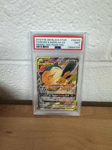 2019 Pokemon Black Star Promo Eevee & Snorlax GX Fa TAG Team Tins PSA 9 #SM169