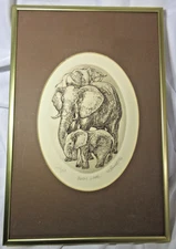 Marsha K. Howe Framed Etching "Baby Love" Elephants LE 102/150 Matted No Glass