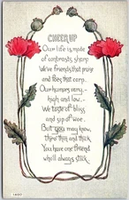 Cheer Up, Red Poppy Floral Border w/ Green Leaves, Motto Verse, Vintage Postcard