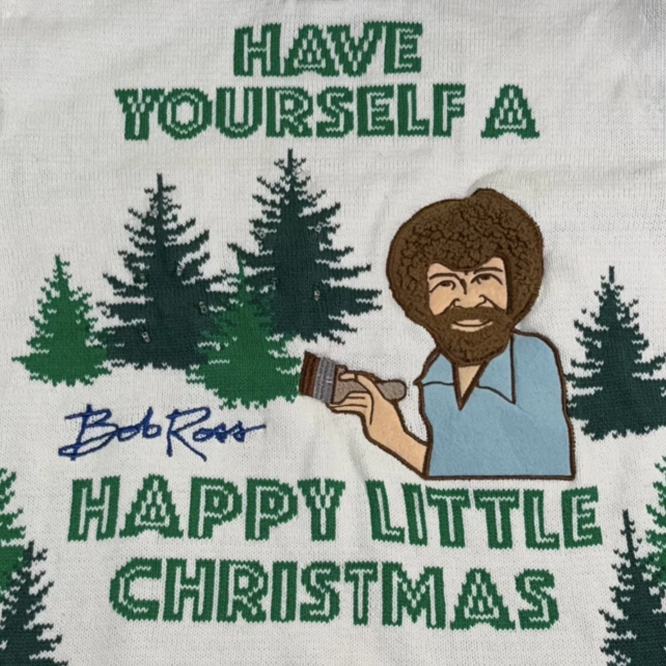 BOB ROSS Suéter de Navidad Mujeres Pullover Grande Felices Pequeños Árboles Artista Divertido Foto 3 de 4