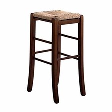 Sgabello h 67 cm in legno noce scuro seduta quadrata in paglia gambe a sciabola